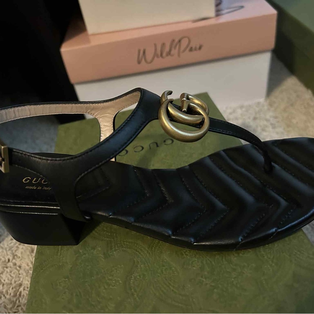 Gucci Marmont  Black Sandals with Gold Emblem